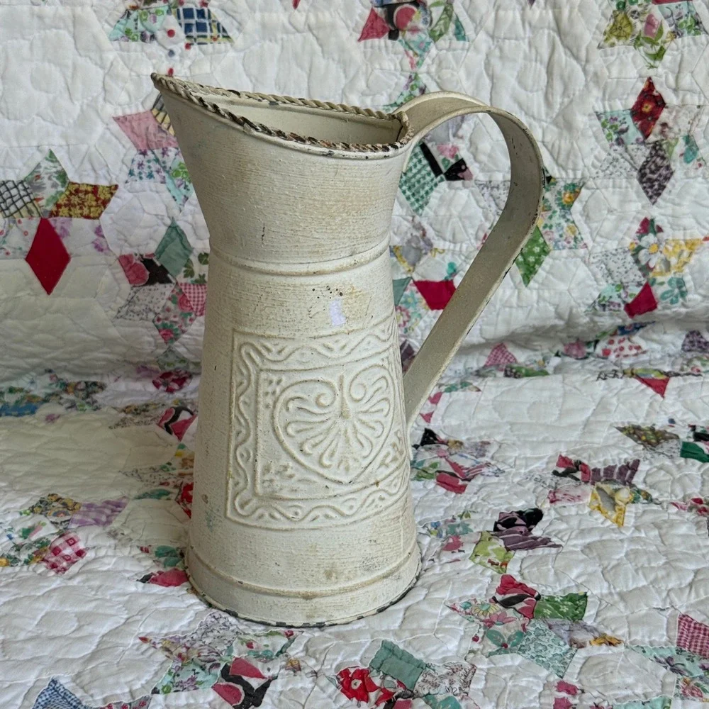 Vintage Style Cream Metal Heart Embossed Pitcher Farmhouse Decorative Vase 9in